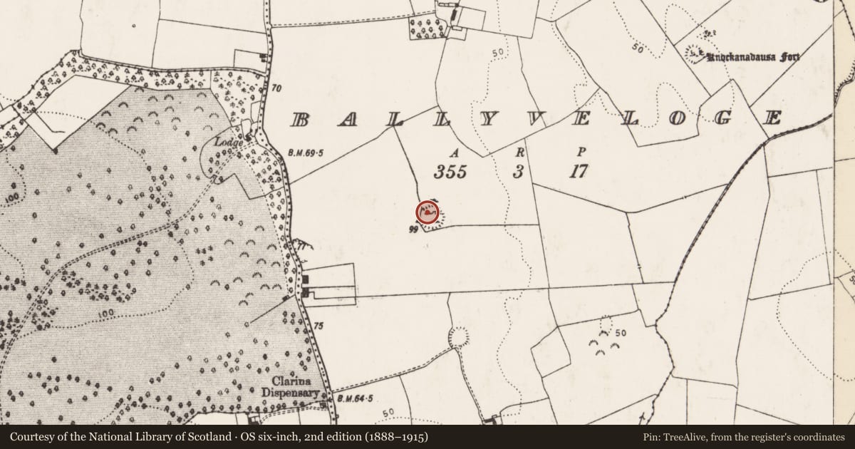 Ordnance Survey six-inch map, 2nd edition (1888–1915) covering the location of Enclosure, Ballyveloge, County Limerick, with a pin at the register's coordinates
