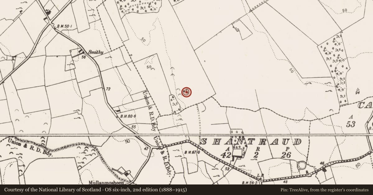 Ordnance Survey six-inch map, 2nd edition (1888–1915) covering the location of Enclosure, Cloongownagh, County Limerick, with a pin at the register's coordinates