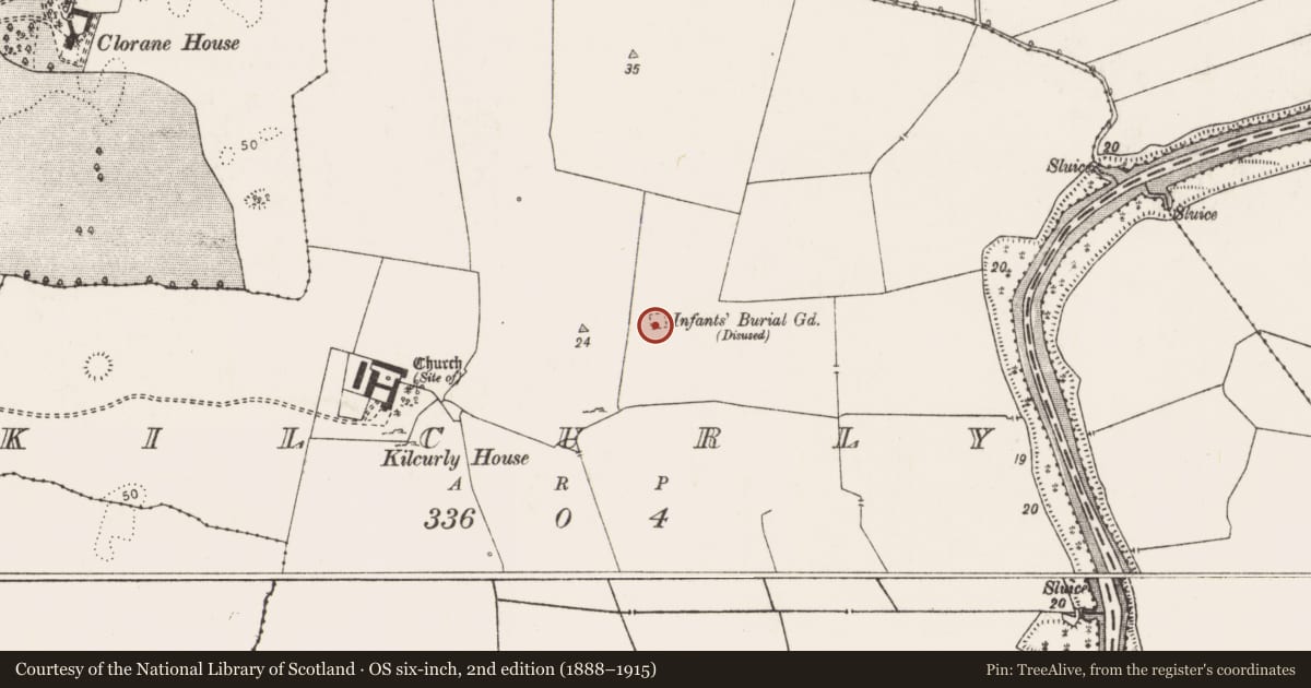 Ordnance Survey six-inch map, 2nd edition (1888–1915) covering the location of Children's burial ground, Kilcurly, County Limerick, with a pin at the register's coordinates