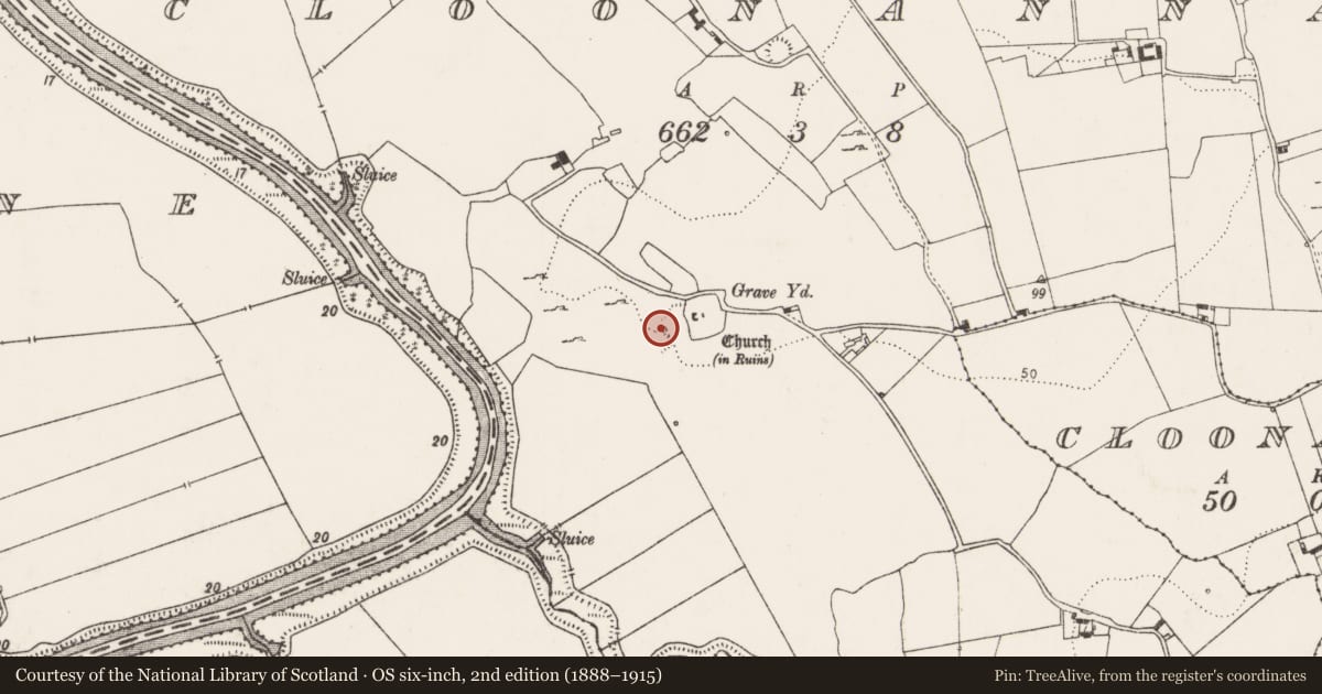 Ordnance Survey six-inch map, 2nd edition (1888–1915) covering the location of Kiln - lime, Cloonanna, County Limerick, with a pin at the register's coordinates