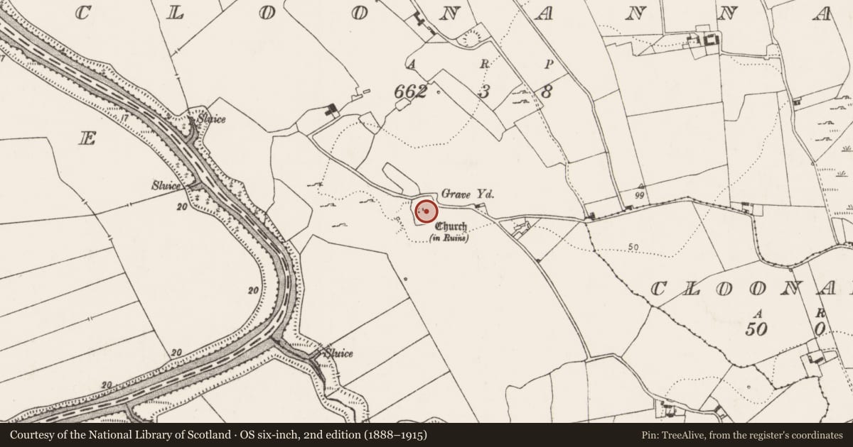 Ordnance Survey six-inch map, 2nd edition (1888–1915) covering the location of Graveyard, Cloonanna, County Limerick, with a pin at the register's coordinates