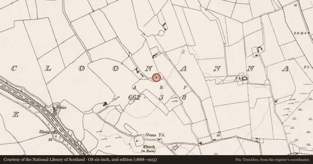 Ordnance Survey six-inch map, 2nd edition (1888–1915) covering the location of Ringfort - rath, Cloonanna, County Limerick, with a pin at the register's coordinates