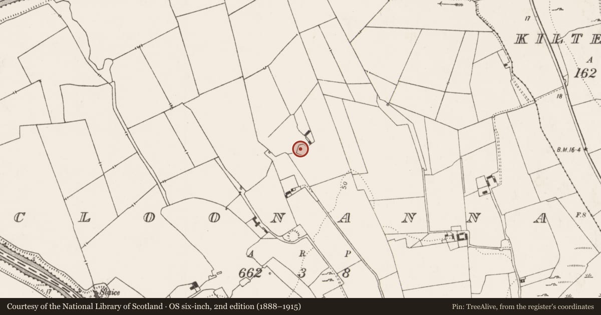 Ordnance Survey six-inch map, 2nd edition (1888–1915) covering the location of Enclosure, Cloonanna, County Limerick, with a pin at the register's coordinates