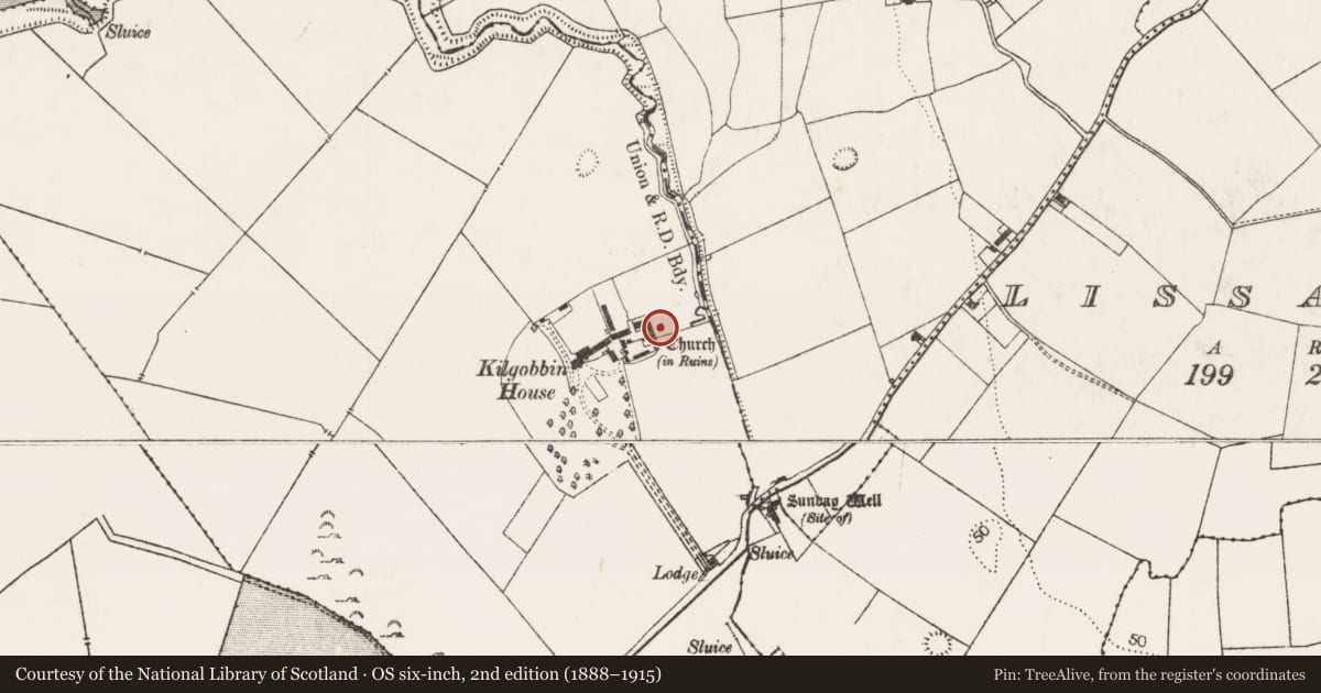 Ordnance Survey six-inch map, 2nd edition (1888–1915) covering the location of Church, Kilgobbin, County Limerick, with a pin at the register's coordinates