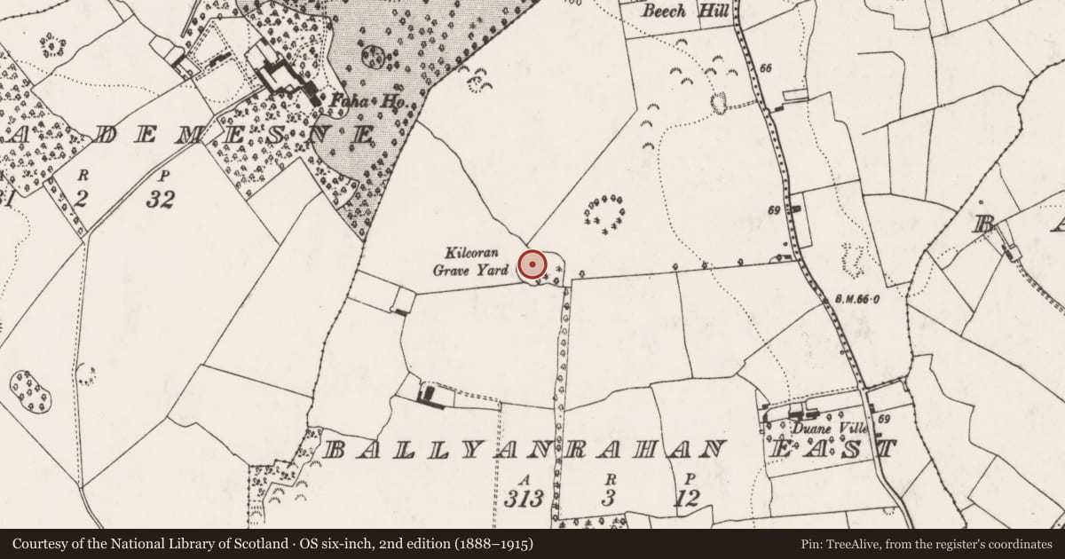 Ordnance Survey six-inch map, 2nd edition (1888–1915) covering the location of Burial ground, Ballyanrahan East, County Limerick, with a pin at the register's coordinates