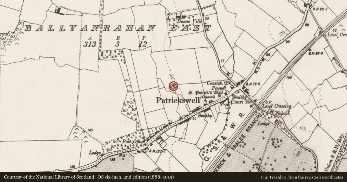 Ordnance Survey six-inch map, 2nd edition (1888–1915) covering the location of Ringfort - rath, Ballyanrahan East, County Limerick, with a pin at the register's coordinates