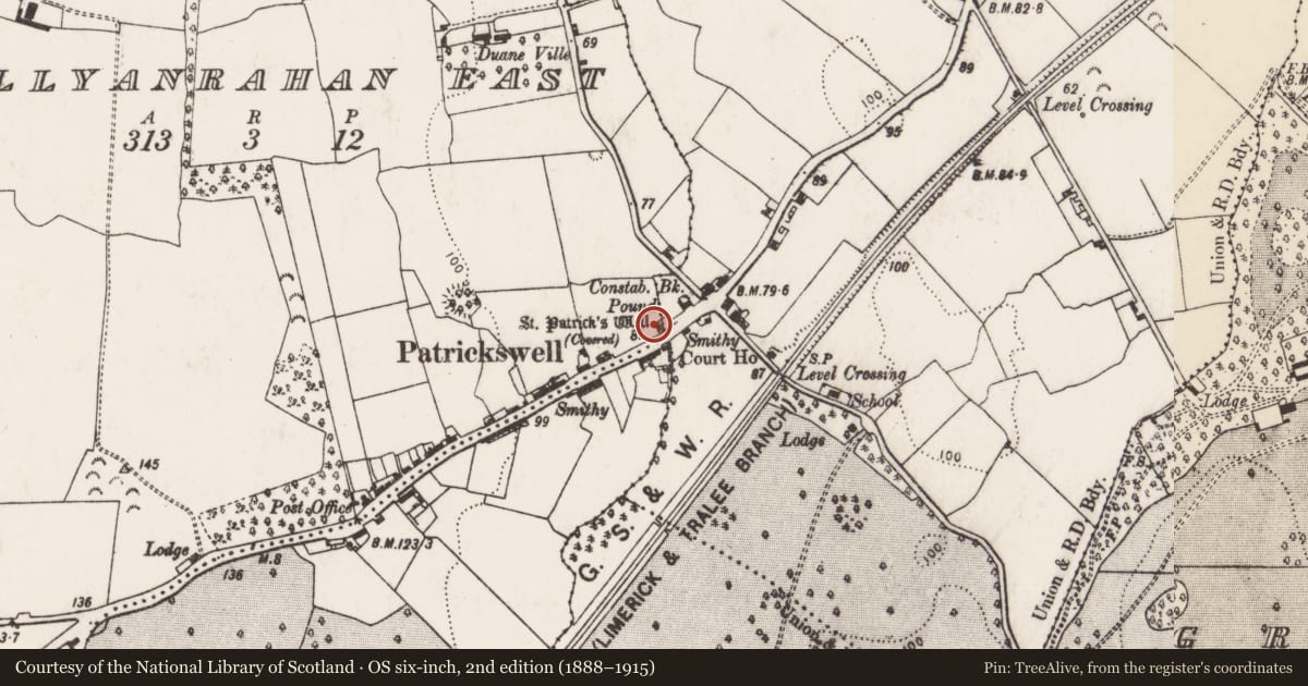 Ordnance Survey six-inch map, 2nd edition (1888–1915) covering the location of Ritual site - holy well, Ballyanrahan East, County Limerick, with a pin at the register's coordinates