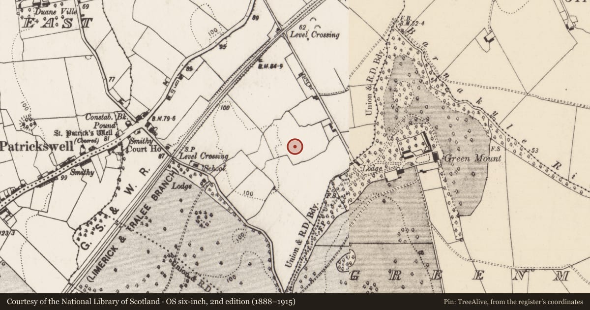 Ordnance Survey six-inch map, 2nd edition (1888–1915) covering the location of Enclosure, Barnakyle, County Limerick, with a pin at the register's coordinates