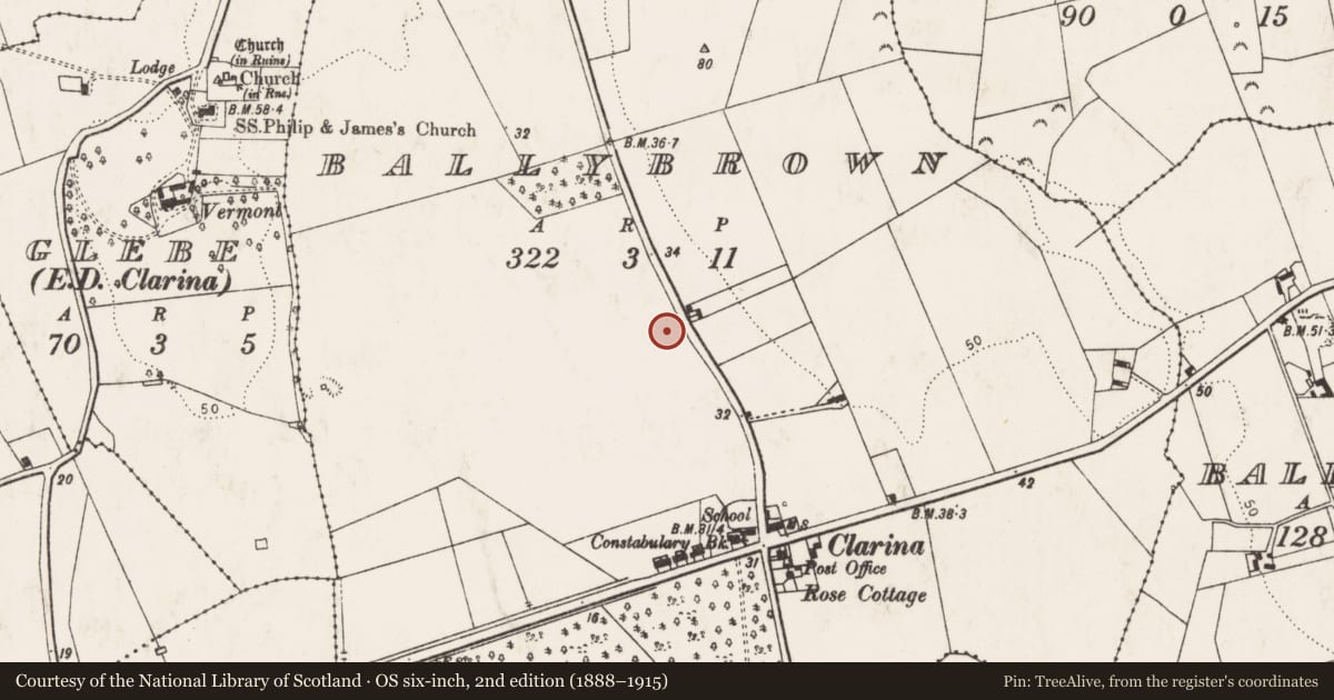 Ordnance Survey six-inch map, 2nd edition (1888–1915) covering the location of Fulacht fia, Ballybrown, County Limerick, with a pin at the register's coordinates