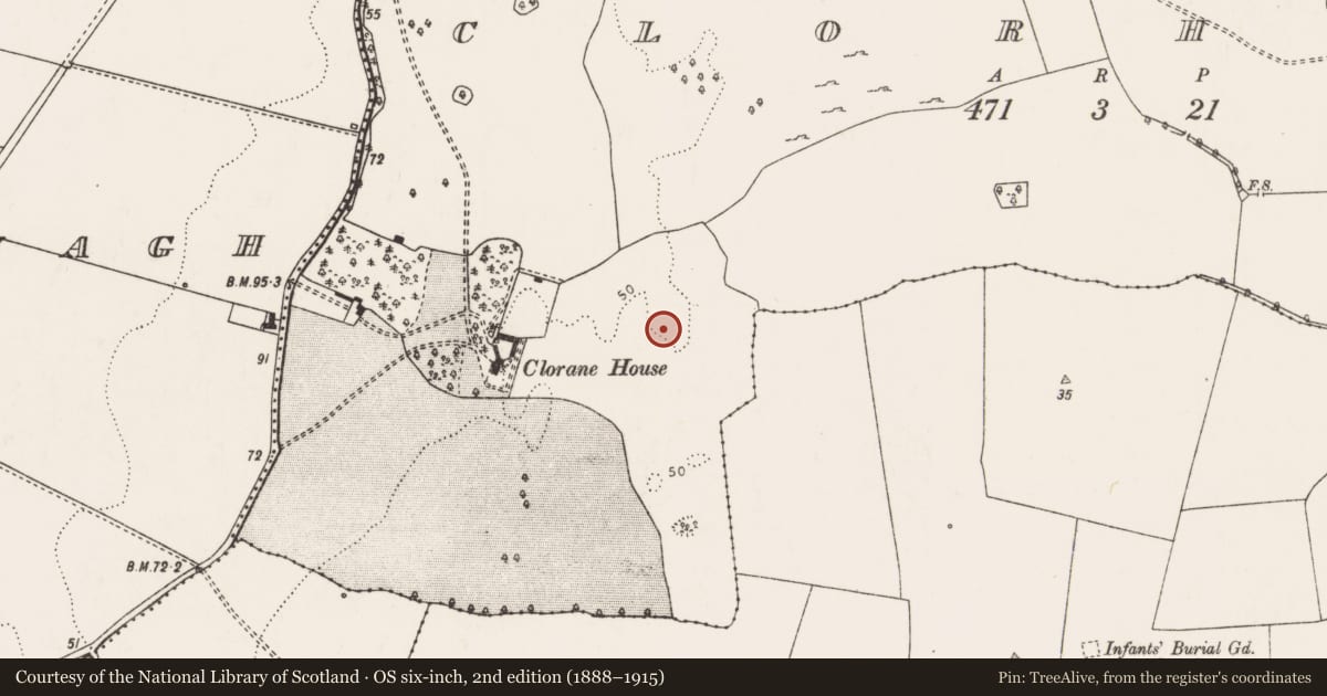 Ordnance Survey six-inch map, 2nd edition (1888–1915) covering the location of Enclosure - large enclosure, Clorane, County Limerick, with a pin at the register's coordinates
