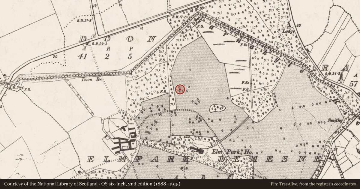 Ordnance Survey six-inch map, 2nd edition (1888–1915) covering the location of Barrow - unclassified, Elmpark Demesne, County Limerick, with a pin at the register's coordinates