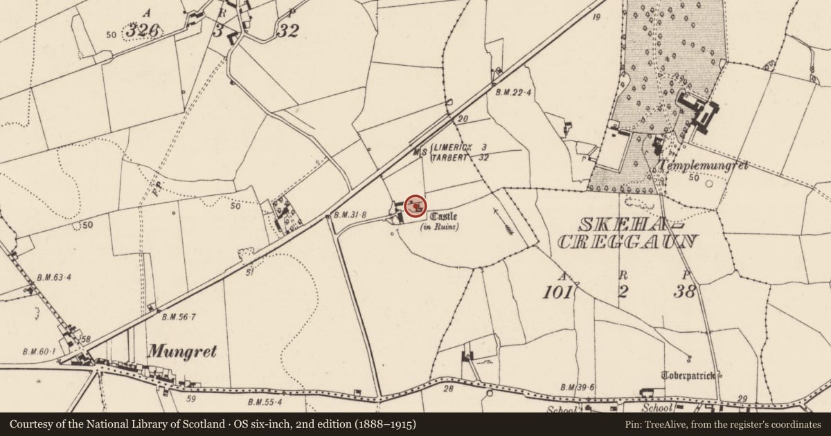 Ordnance Survey six-inch map, 2nd edition (1888–1915) covering the location of Castle - unclassified, Castlemungret, County Limerick, with a pin at the register's coordinates