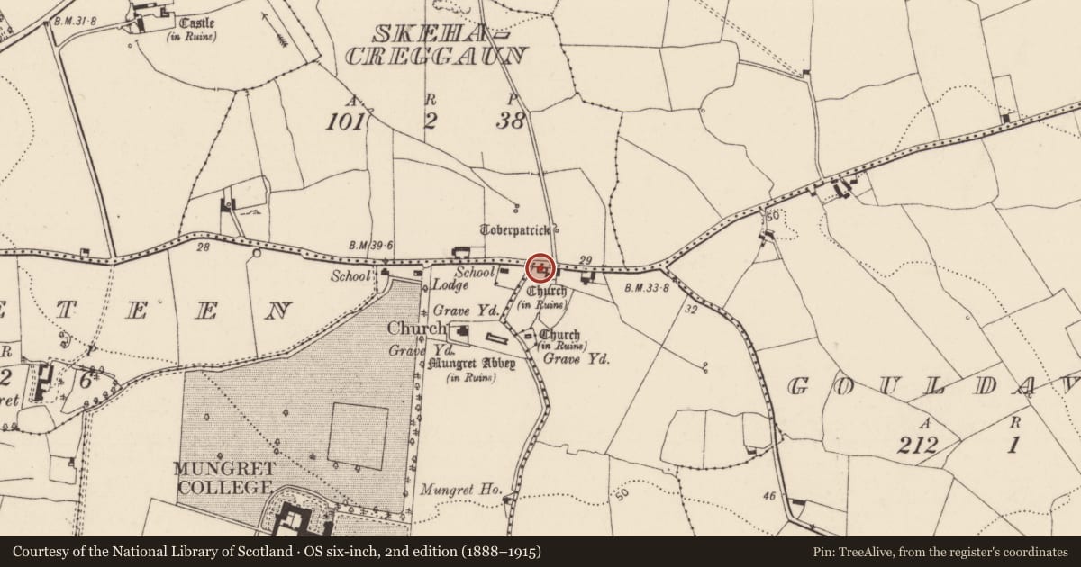 Ordnance Survey six-inch map, 2nd edition (1888–1915) covering the location of Church, Baunacloka, County Limerick, with a pin at the register's coordinates