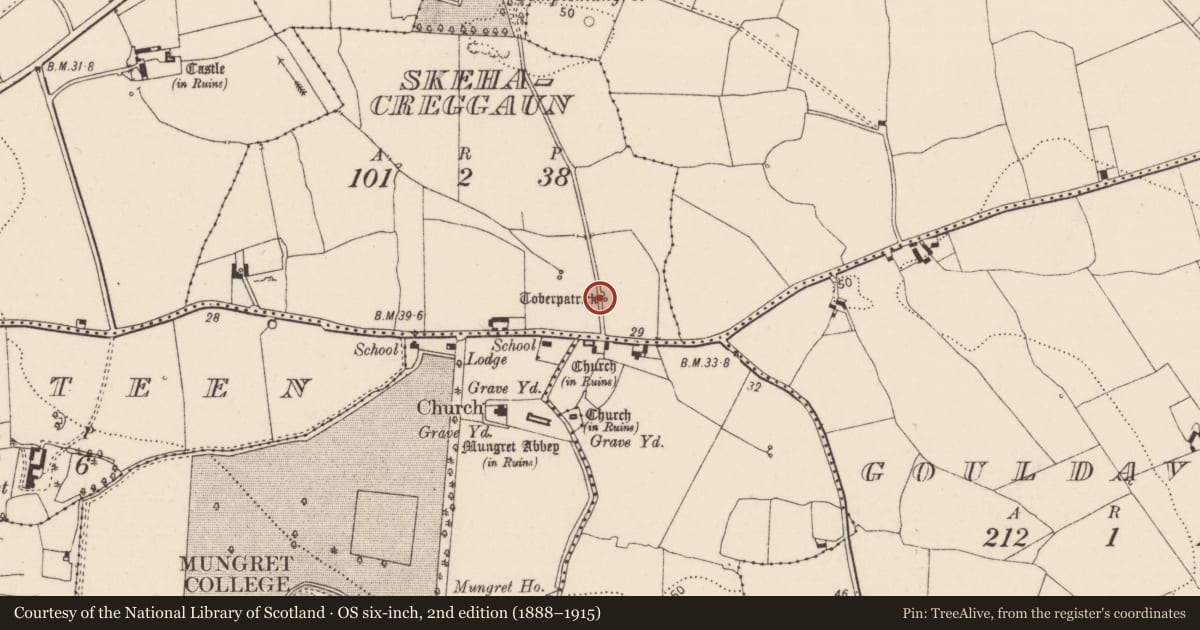 Ordnance Survey six-inch map, 2nd edition (1888–1915) covering the location of Ritual site - holy well, Skehacreggaun, County Limerick, with a pin at the register's coordinates