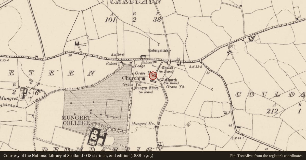 Ordnance Survey six-inch map, 2nd edition (1888–1915) covering the location of Ecclesiastical site, County Limerick, with a pin at the register's coordinates