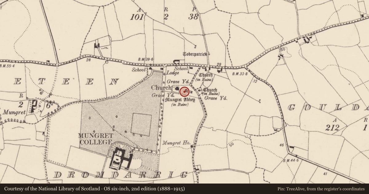 Ordnance Survey six-inch map, 2nd edition (1888–1915) covering the location of Bullaun stone, Dromdarrig, County Limerick, with a pin at the register's coordinates