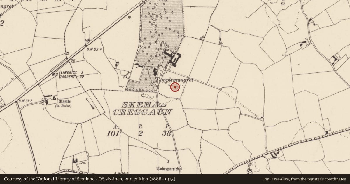 Ordnance Survey six-inch map, 2nd edition (1888–1915) covering the location of Enclosure, Ballykeeffe, County Limerick, with a pin at the register's coordinates