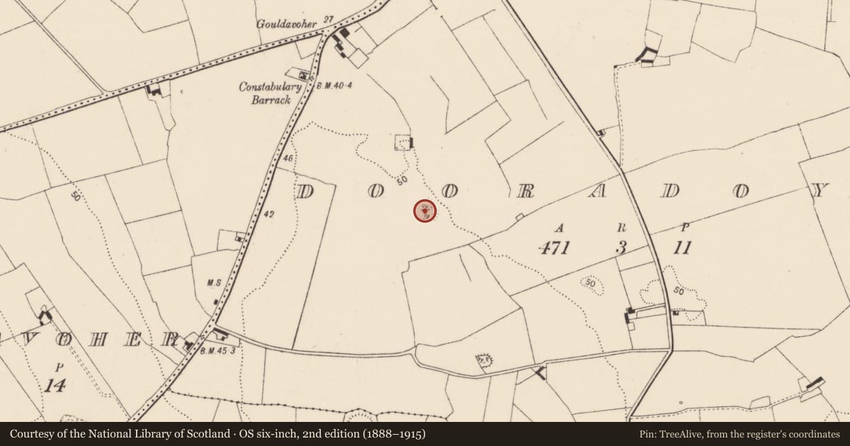 Ordnance Survey six-inch map, 2nd edition (1888–1915) covering the location of Ringfort - rath, Dooradoyle, County Limerick, with a pin at the register's coordinates