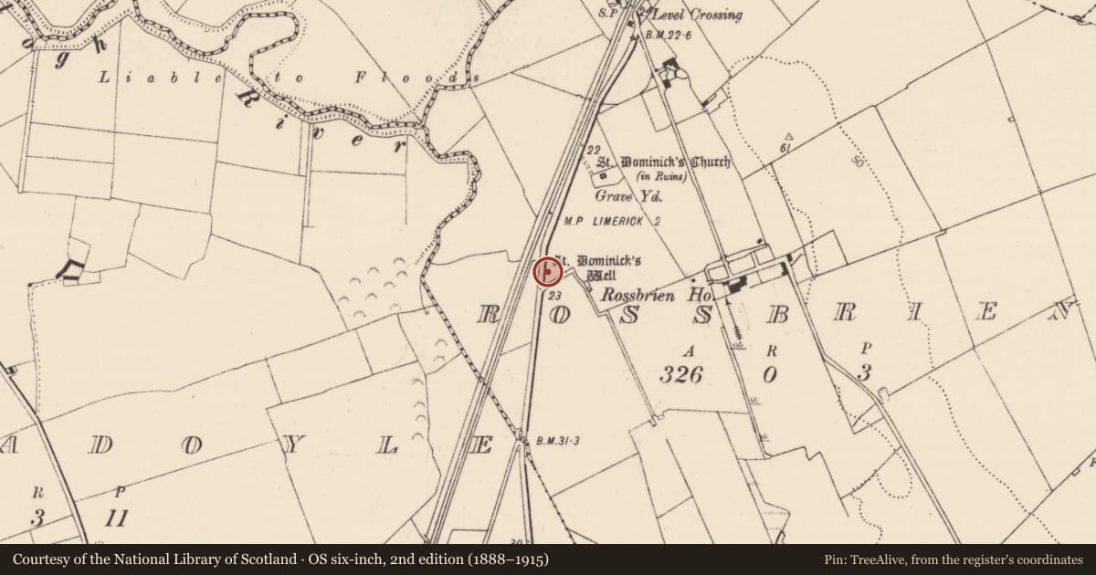 Ordnance Survey six-inch map, 2nd edition (1888–1915) covering the location of Souterrain, Rossbrien, County Limerick, with a pin at the register's coordinates
