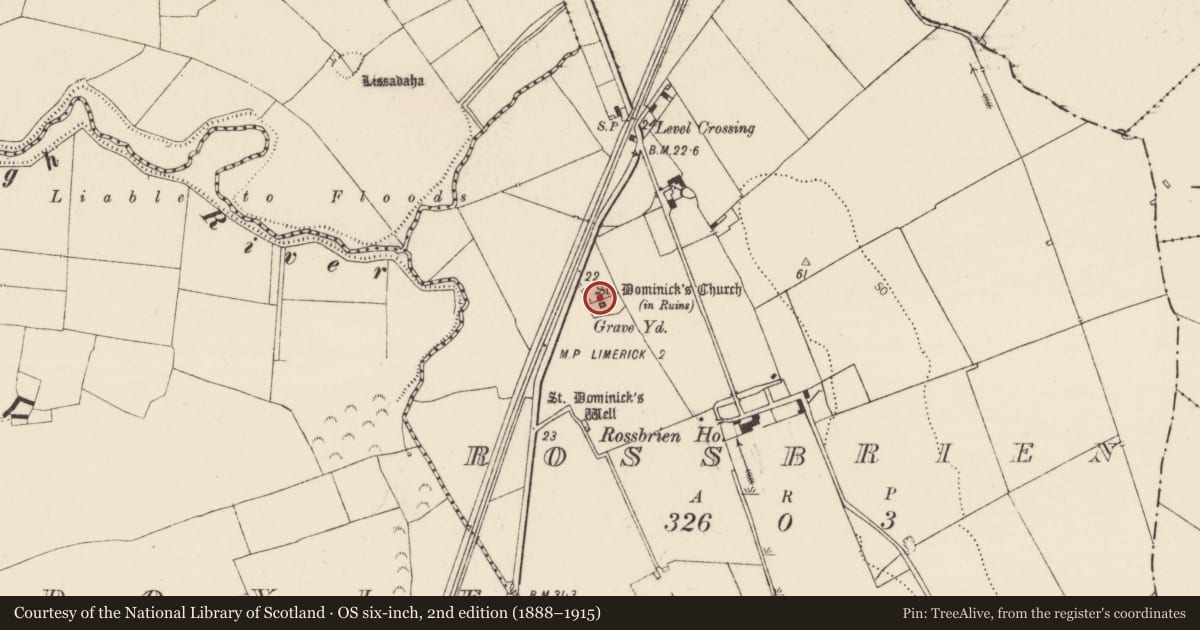 Ordnance Survey six-inch map, 2nd edition (1888–1915) covering the location of Church, Rossbrien, County Limerick, with a pin at the register's coordinates