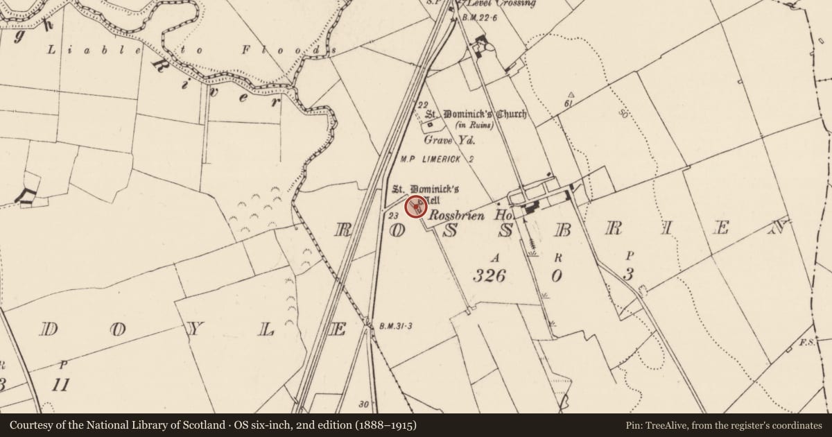 Ordnance Survey six-inch map, 2nd edition (1888–1915) covering the location of Ritual site - holy well, Rossbrien, County Limerick, with a pin at the register's coordinates