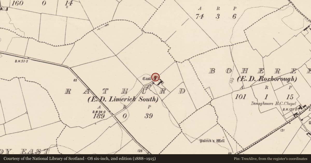 Ordnance Survey six-inch map, 2nd edition (1888–1915) covering the location of Dovecote, Rathurd, County Limerick, with a pin at the register's coordinates