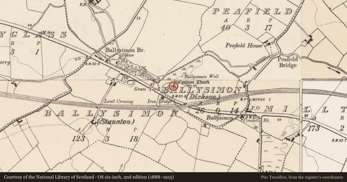 Ordnance Survey six-inch map, 2nd edition (1888–1915) covering the location of Church, Ballysimon (Dickson), County Limerick, with a pin at the register's coordinates