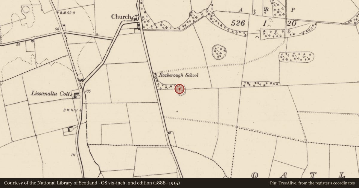 Ordnance Survey six-inch map, 2nd edition (1888–1915) covering the location of Enclosure, Roxborough, County Limerick, with a pin at the register's coordinates