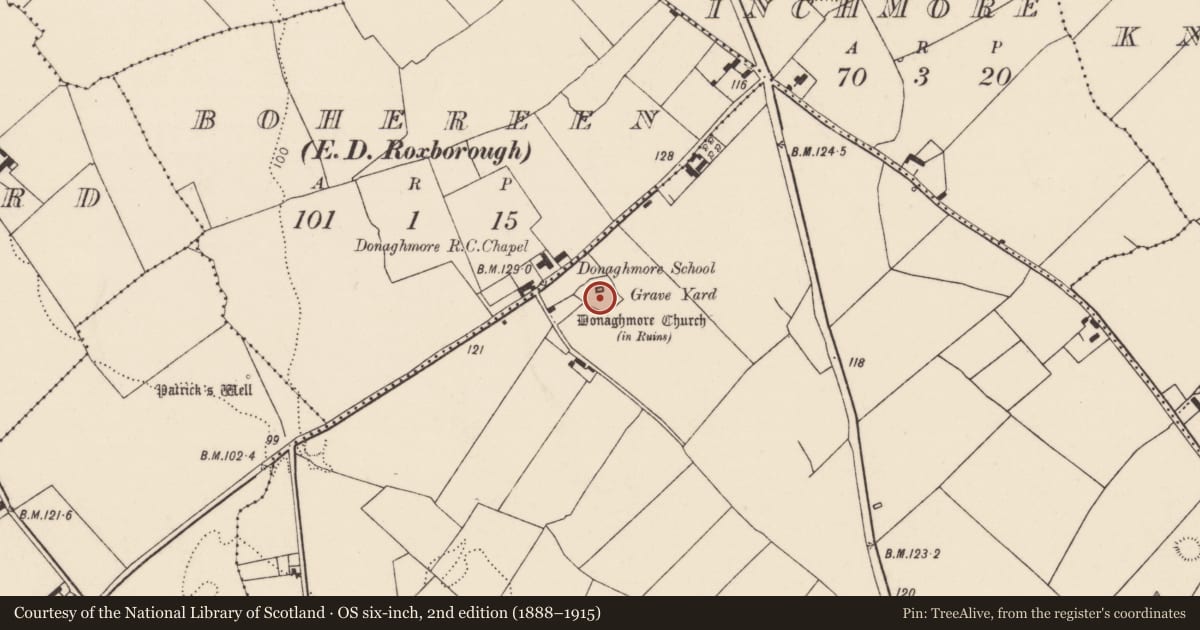 Ordnance Survey six-inch map, 2nd edition (1888–1915) covering the location of Graveyard, Drombanny, County Limerick, with a pin at the register's coordinates