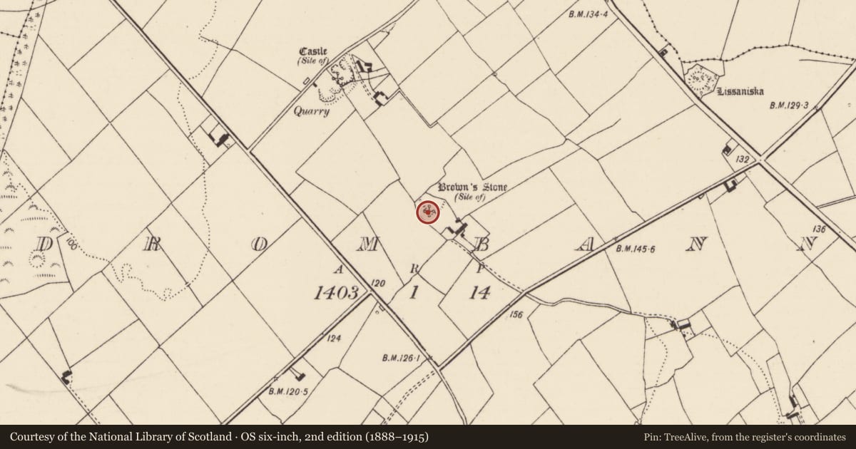 Ordnance Survey six-inch map, 2nd edition (1888–1915) covering the location of Burial ground, Drombanny, County Limerick, with a pin at the register's coordinates