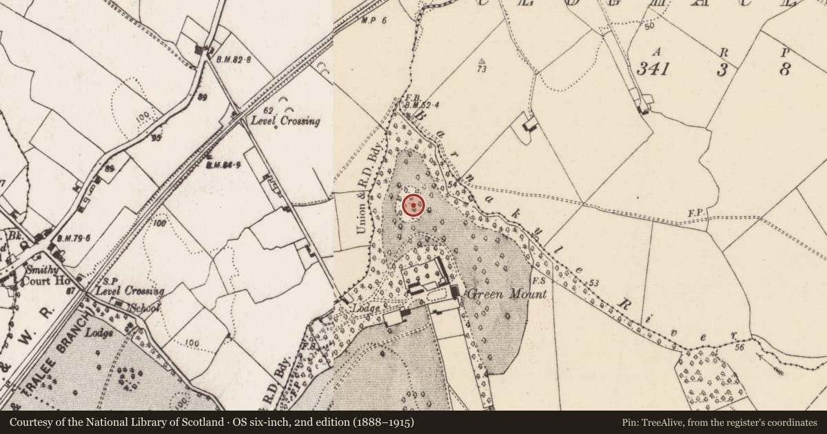 Ordnance Survey six-inch map, 2nd edition (1888–1915) covering the location of Enclosure, Greenmount, County Limerick, with a pin at the register's coordinates