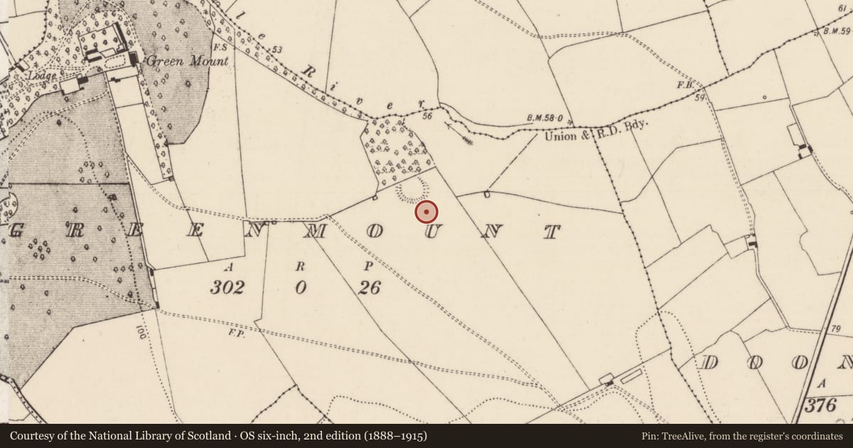 Ordnance Survey six-inch map, 2nd edition (1888–1915) covering the location of Enclosure, Greenmount, County Limerick, with a pin at the register's coordinates