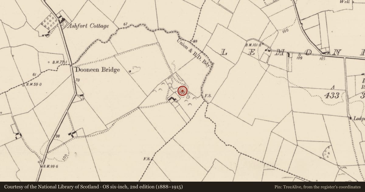 Ordnance Survey six-inch map, 2nd edition (1888–1915) covering the location of Enclosure, Dooneen, County Limerick, with a pin at the register's coordinates