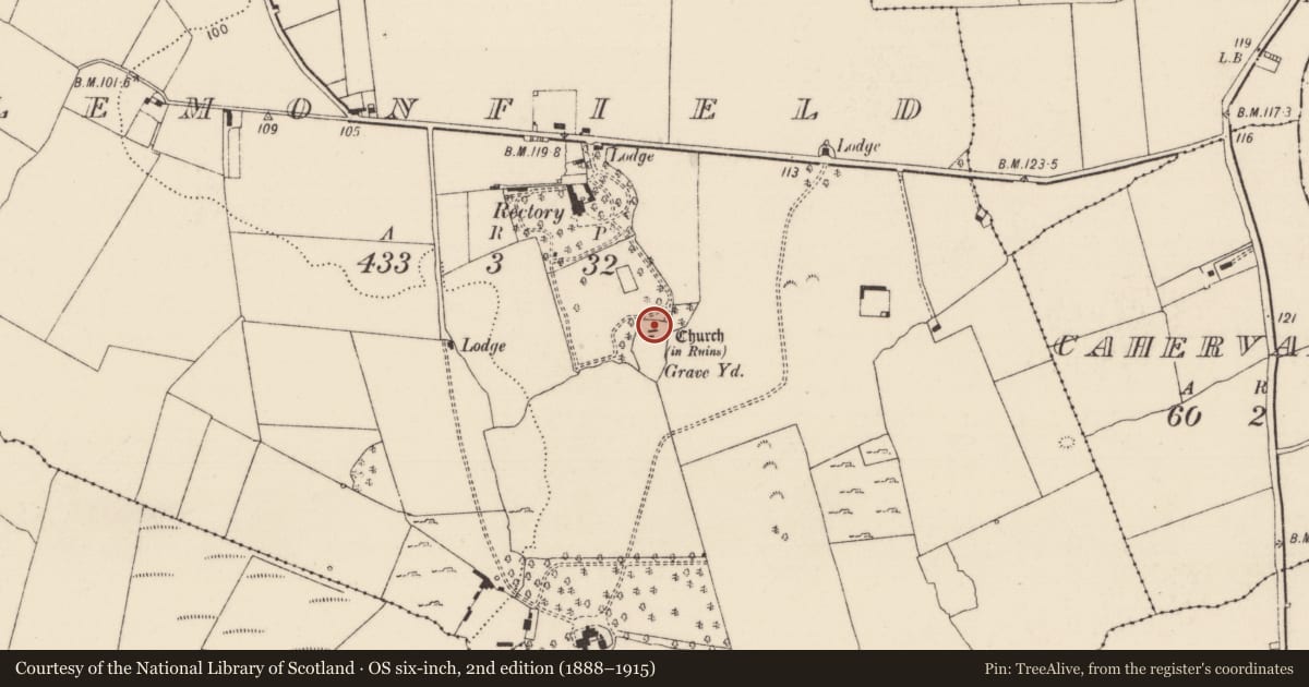 Ordnance Survey six-inch map, 2nd edition (1888–1915) covering the location of Church, Lemonfield, County Limerick, with a pin at the register's coordinates
