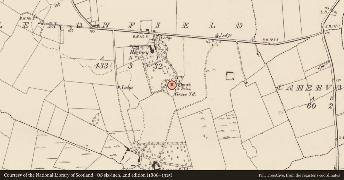 Ordnance Survey six-inch map, 2nd edition (1888–1915) covering the location of Graveyard, Lemonfield, County Limerick, with a pin at the register's coordinates
