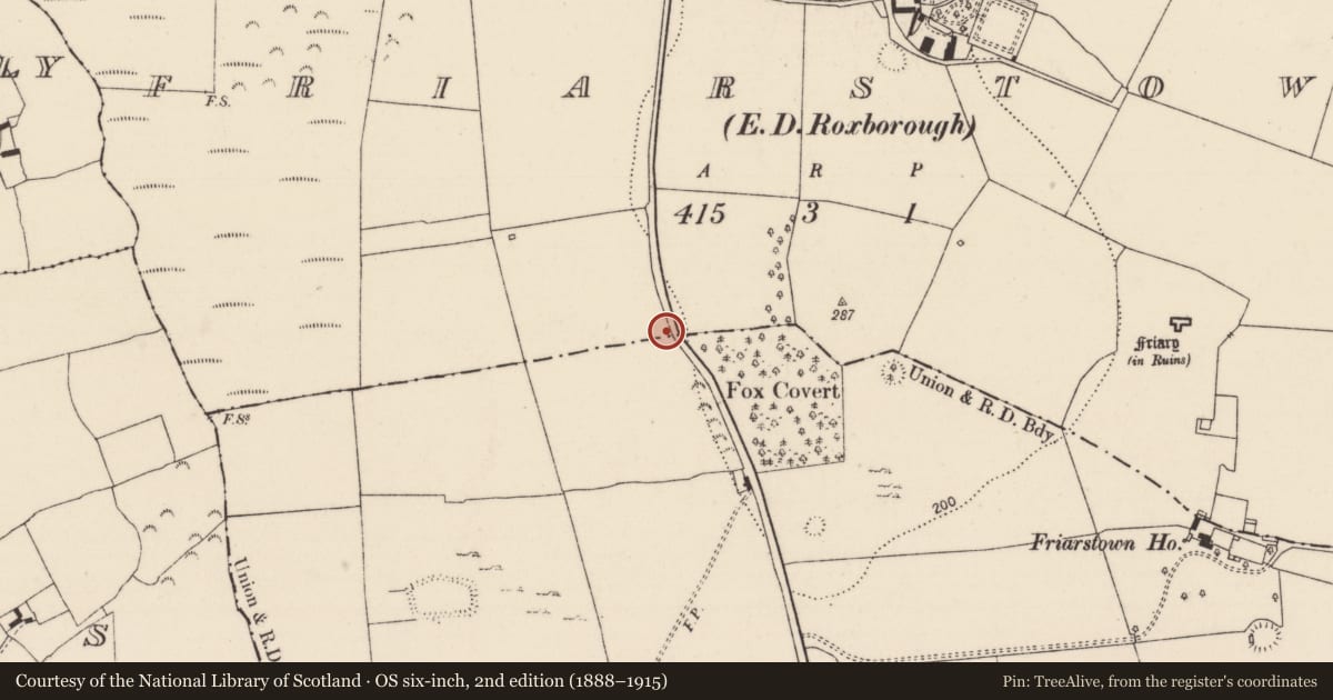 Ordnance Survey six-inch map, 2nd edition (1888–1915) covering the location of Boundary stone, Friarstown, County Limerick, with a pin at the register's coordinates