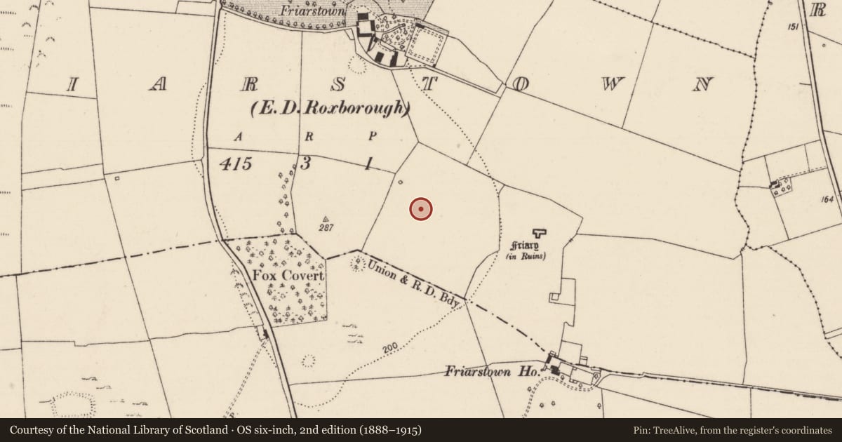 Ordnance Survey six-inch map, 2nd edition (1888–1915) covering the location of Ceremonial enclosure, Friarstown, County Limerick, with a pin at the register's coordinates