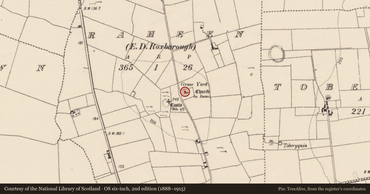 Ordnance Survey six-inch map, 2nd edition (1888–1915) covering the location of Church, Raheen, County Limerick, with a pin at the register's coordinates