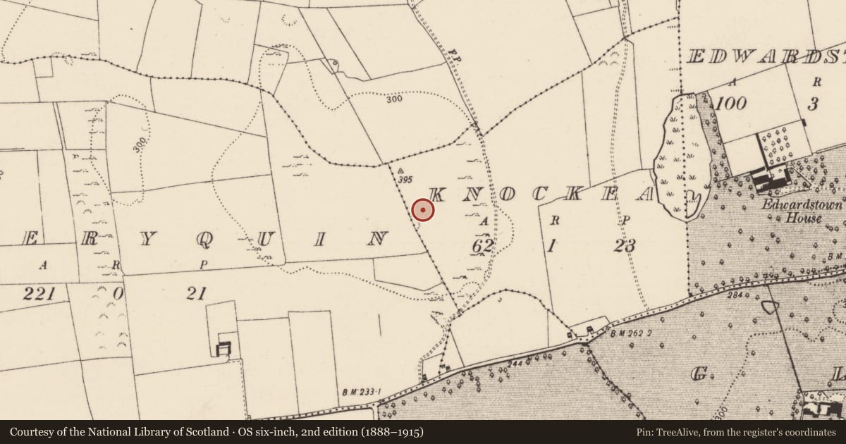 Ordnance Survey six-inch map, 2nd edition (1888–1915) covering the location of Burial ground, Knockea, County Limerick, with a pin at the register's coordinates