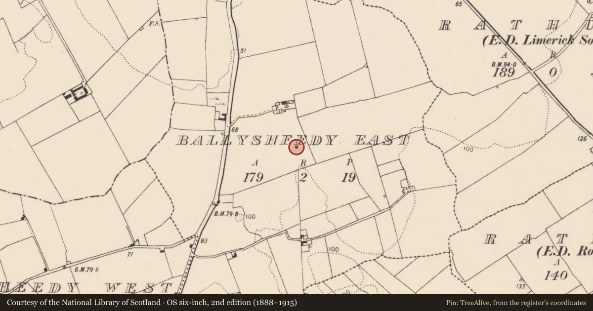 Ordnance Survey six-inch map, 2nd edition (1888–1915) covering the location of Enclosure, Ballysheedy East, County Limerick, with a pin at the register's coordinates