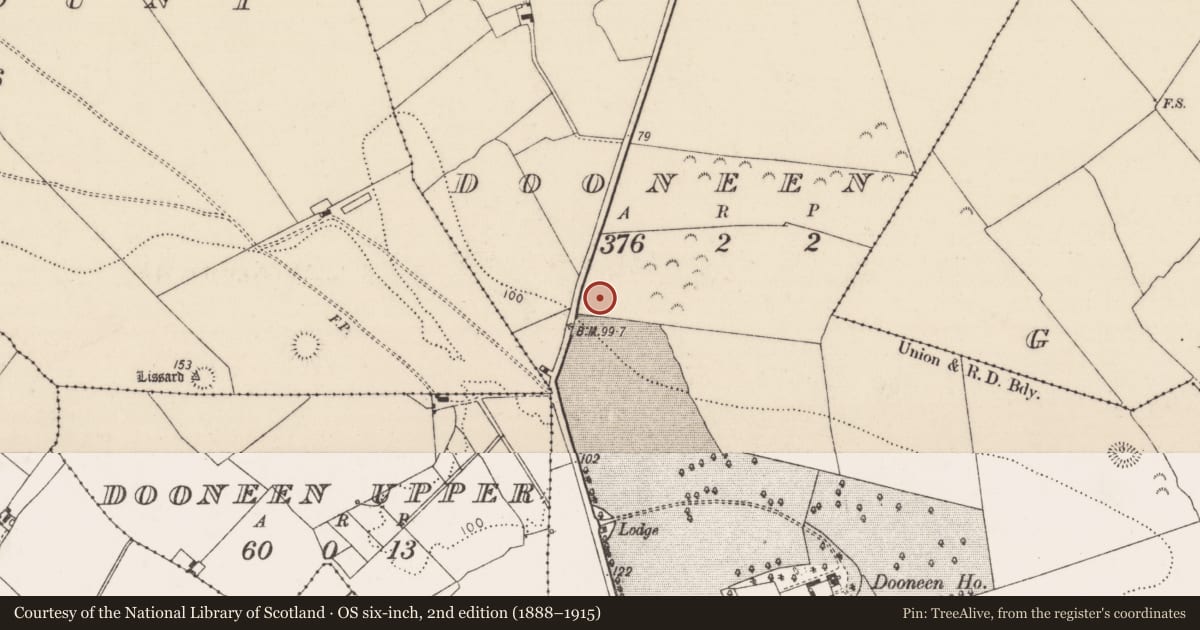 Ordnance Survey six-inch map, 2nd edition (1888–1915) covering the location of Enclosure, Dooneen, County Limerick, with a pin at the register's coordinates