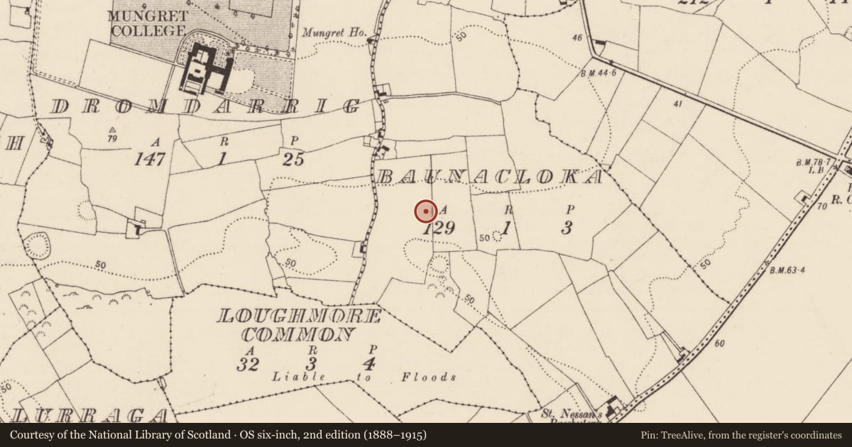 Ordnance Survey six-inch map, 2nd edition (1888–1915) covering the location of Enclosure, Baunacloka, County Limerick, with a pin at the register's coordinates