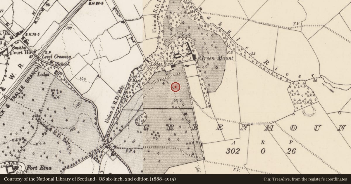 Ordnance Survey six-inch map, 2nd edition (1888–1915) covering the location of Enclosure, Greenmount, County Limerick, with a pin at the register's coordinates