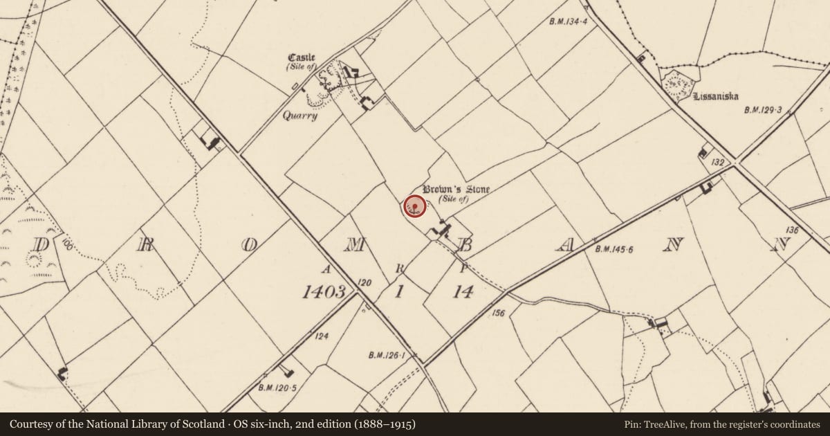 Ordnance Survey six-inch map, 2nd edition (1888–1915) covering the location of Enclosure, Drombanny, County Limerick, with a pin at the register's coordinates