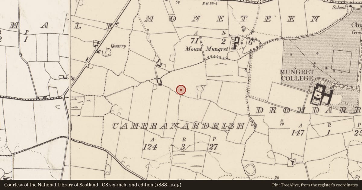 Ordnance Survey six-inch map, 2nd edition (1888–1915) covering the location of Fulacht fia, Caheranardrish, County Limerick, with a pin at the register's coordinates