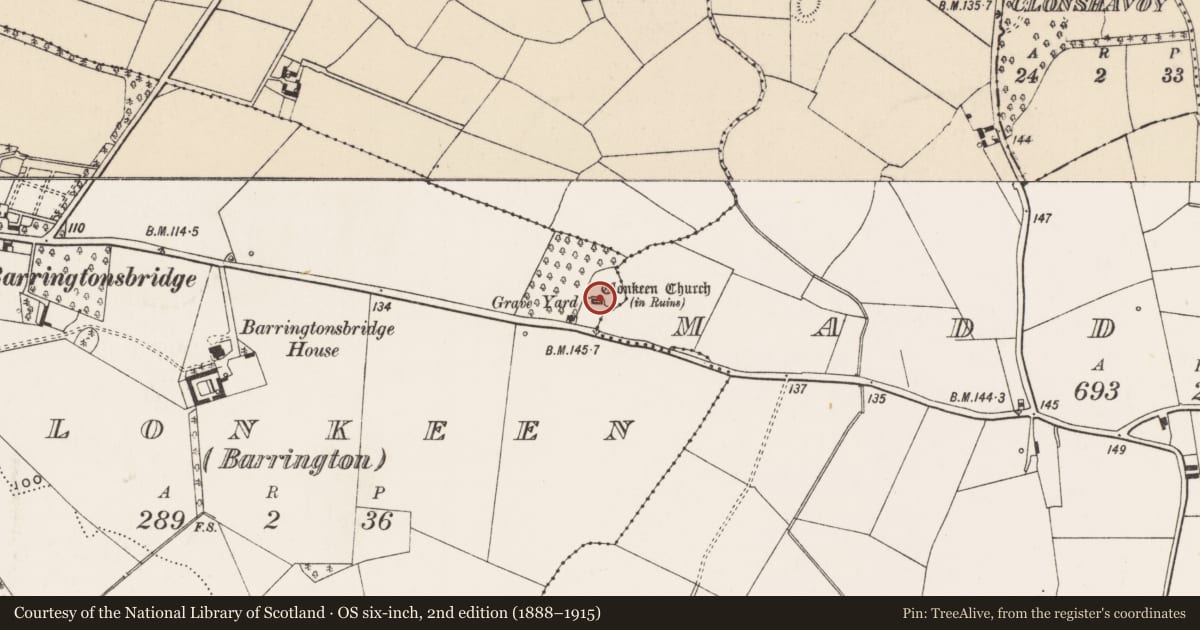 Ordnance Survey six-inch map, 2nd edition (1888–1915) covering the location of Church, Clonkeen (Barrington), County Limerick, with a pin at the register's coordinates