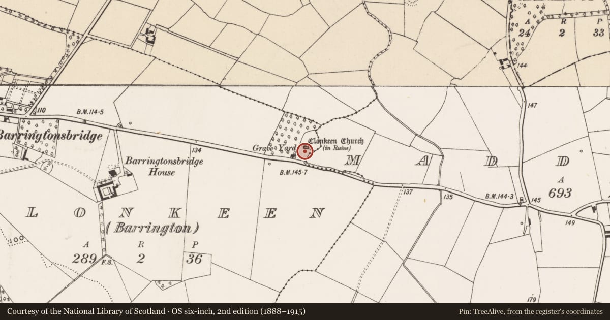 Ordnance Survey six-inch map, 2nd edition (1888–1915) covering the location of Graveyard, Clonkeen (Barrington), County Limerick, with a pin at the register's coordinates
