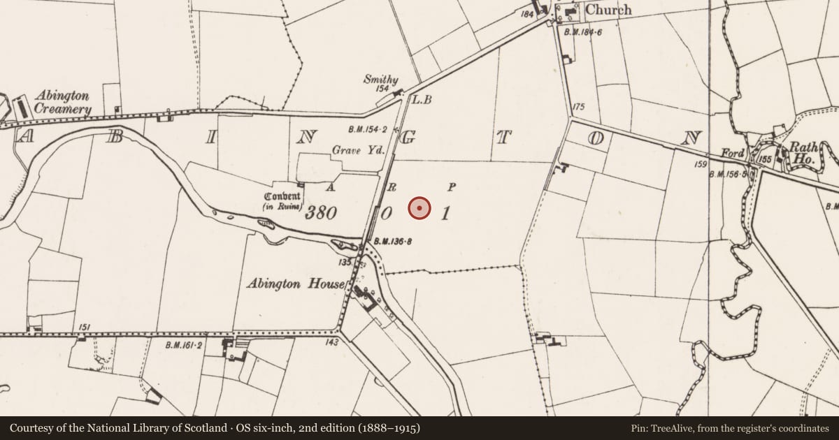 Ordnance Survey six-inch map, 2nd edition (1888–1915) covering the location of Settlement deserted - medieval, Abington, County Limerick, with a pin at the register's coordinates