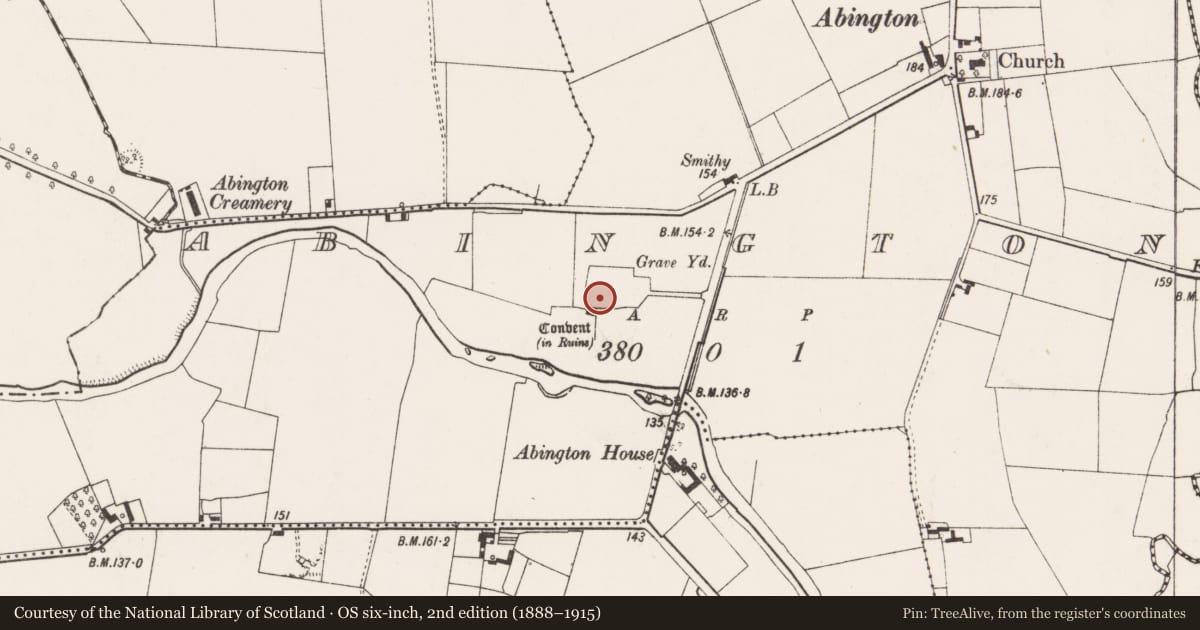 Ordnance Survey six-inch map, 2nd edition (1888–1915) covering the location of Church, Abington, County Limerick, with a pin at the register's coordinates