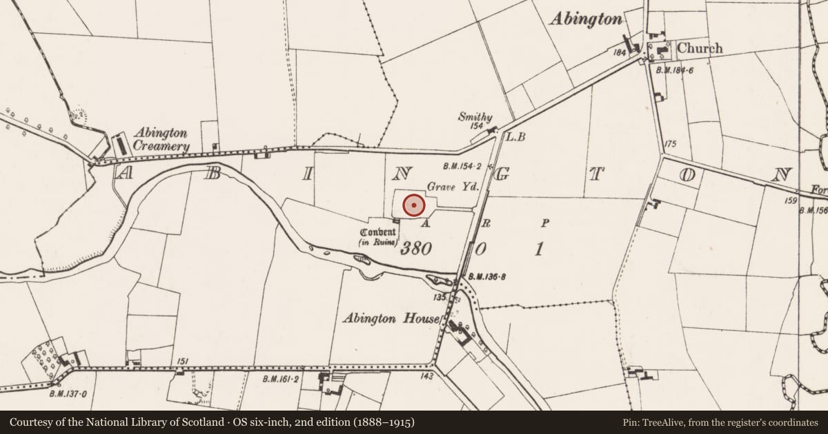 Ordnance Survey six-inch map, 2nd edition (1888–1915) covering the location of Graveyard, Abington, County Limerick, with a pin at the register's coordinates